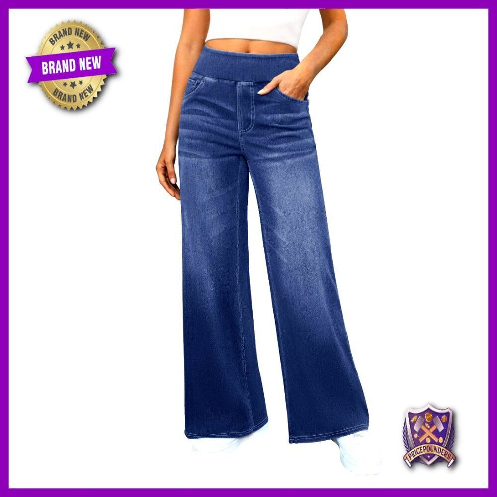 High Waisted Wide Leg Jeans Stretchy Denim Elastic Waist Pull On Pants